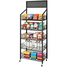 5 Tier Retail Display Rack with Wheels & 12 Hooks, Heavy Duty Snack Organizer Stand, Metal Wire Candy Chip Display Shelf for Supermarket Store Home Kitchen Black