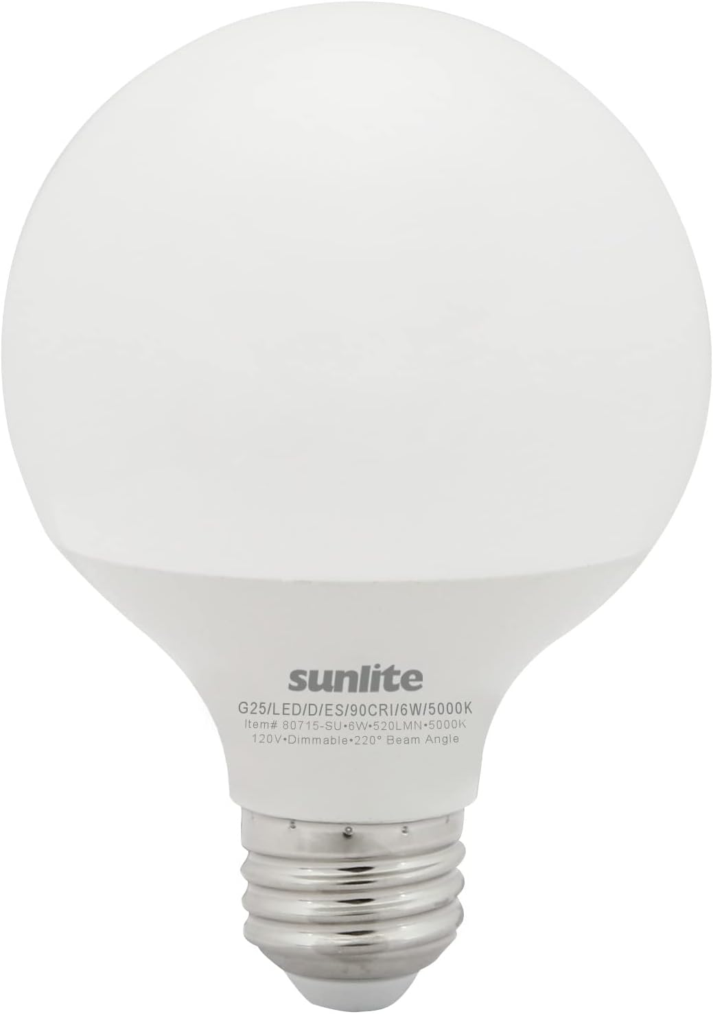 Sunlite LED G25 Globe Light Bulb, 6 Watts (60W Equivalent), 120V, Medium E26 Base, 500 Lumens, Dimmable, Frosted, 90 CRI, Title-20 Compliant, ETL Listed, 5000K Daylight, 1 Pack