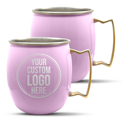 Personalized Custom Pink Mug Smooth Finish Moscow Mule with Brass Handle | Laser Engraved with Your Logo, Phrase or Design for Business or Event Bar Style Cup, 18 oz | Set of 2