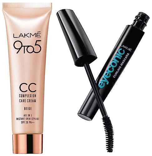 Image of Lakme Eyeconic Curling Mascara, Black 9 ml & Lakme 9 to 5 CC Cream Mini, 01-9 g