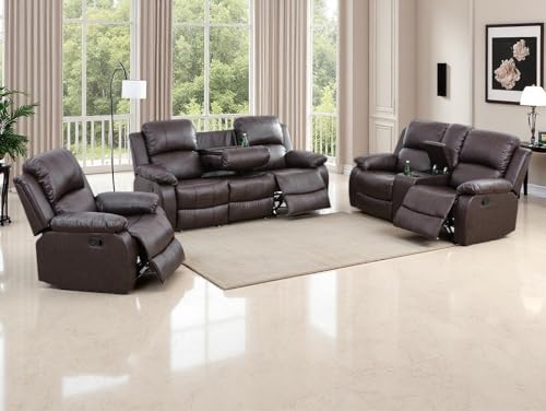 3PCS Recliner Sofa Set Vegan Leather Reclining Couch Set Dekmxas Living Room Furniture Sets Manual Reclining Sofa Set with Cup Holders/Storage Console/Flip Down Table for Home/Office (Brown, 3PCS Set)