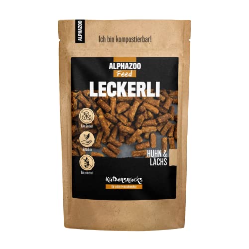 alphazoo Katzen Leckerlies ohne Getreide, Zucker & Zusätze I Trockenfleisch aus Huhn & Lachs I Katzensnacks schonend getrocknet, hoher Fleischanteil