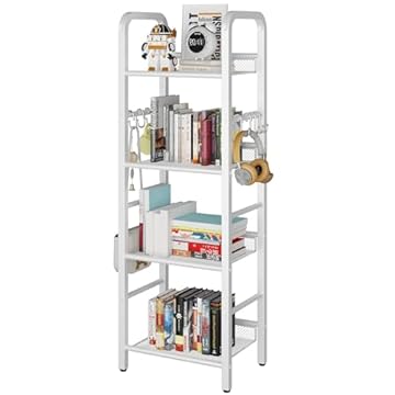 YMYNY Libreria a 4 strati, Libreria, Racchetto di stoccaggio, Mensole, Gancio a S 8 pezzi, Struttura in metallo, Stile minimalista, per Soggiorno, Ufficio, Bagno, Bianco HBC054W