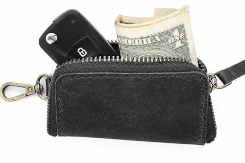 Image of Handmade Full Grain Leather Car Key Holder & Zippered Coin Purse | Belt Loop Key Chain, Compact Earphone Holder Multi-Functional Money Purse Elegant Leather Accessory Versatile Key Organizer (Black)