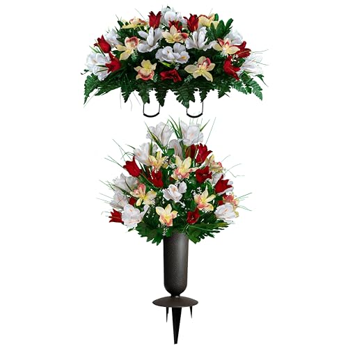 Sympathy Silks Artificial Cemetery Flowers - Grave Decoration - Red Tulips and White Iris (1) Headstone Saddle (1) Bouquet (1) Vase