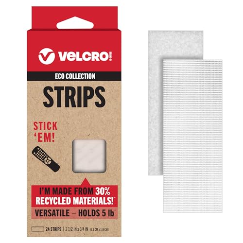 VELCRO Brand ECO Collection | 24 Sets | Stick'EM Hanging Strips with Adhesive | Easy Mounting | 2-1/2in x 3/4in, White with Sticky Back