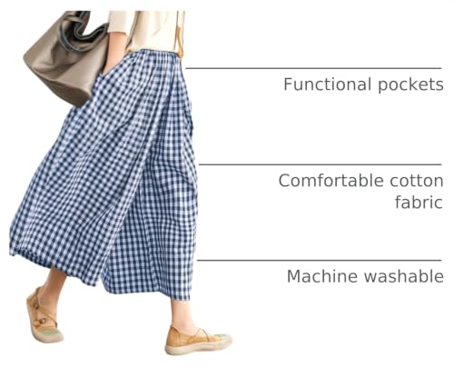 Image of LOMON Womens Wide Leg Capri Pants Gingham Plaid Culottes Summer Elastic Waist Palazzo Trousers Bottoms with Pockets