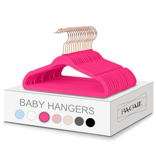 Image of BAGAIL Kids Velvet Hangers 11” Inch Children's Clothes Hangers Non-Slip Baby Hangers for Infant/Toddler (Hot Pink/Rose Gold,50pack)