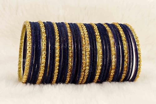Image of NMII Premium Glass & Golden Beads Velvet Bangle Set For Women and Girls | Velvet Chudi | Traditional Chudi Set | Designer Girl's Bangles Bracelet | Wedding, Party, Festive, Daily- Set of 34