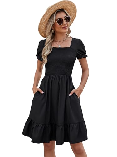 Image of Lyrur Women's Short Sleeve Summer Dresses 2026 Spring Casual Square Neck Easter Dress A-Line Tiered Sundress with Pockets