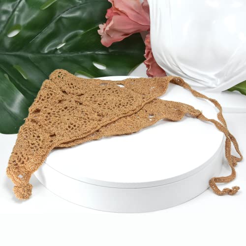 AeraVida Vintage Floral Crochet Cotton Hair Scarf Kerchief Bandana in Brown Black and White | Hair Bandanas for Women4