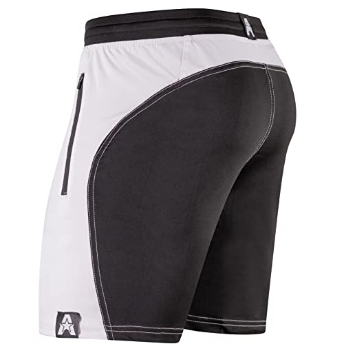 Anthem Athletics Dominance Mens Gym Shorts - 7 Inseam Workout Athletic Running Shorts - Zipper Pockets and Elastic Waistband with Drawstring - For Workout, Bodybuilding and Running (White & Black, L)