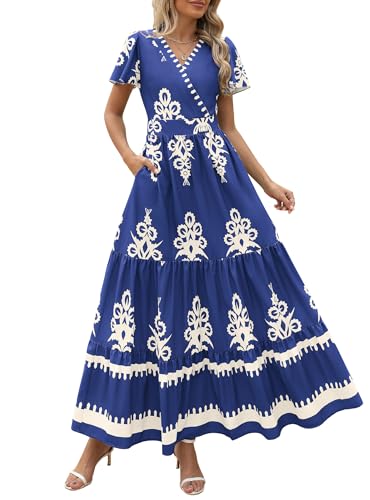 Image of PRETTYGARDEN Womens 2026 Summer Casual V Neck Boho Maxi Dress Flowy Aline Bell Sleeve Tiered Floral Dresses with Pocket
