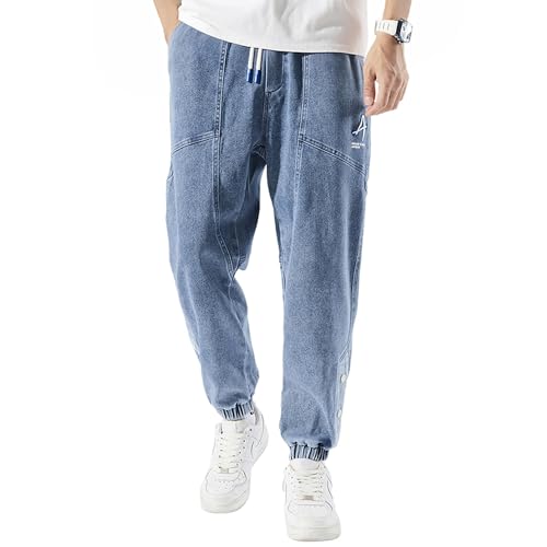Men's Jeans Denim Joggers Casual Streetwear Pants Hip Hop Jean Sweatpants with Drawstring Elastic Waist