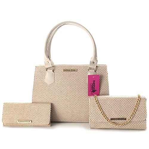 Bolsa Feminina Grande Executiva De Ombro + Bolsa Festa Tiracolo Corrente Clutch + Carteira Karina Rosa (Marfim)