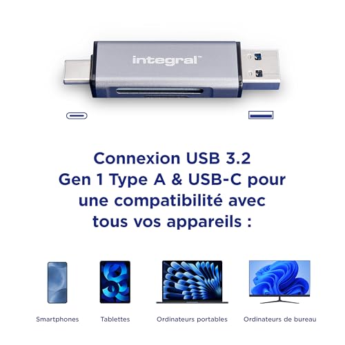 Integral adaptateur lecteur de cartes mémoire microSD & SD - Double connecteur USB 3.0 & USB-C - Compatible avec iPhone 15/16 Plus/Pro/Pro Max, MacBook Pro/Air, PC, ordinateur portable, smartphone