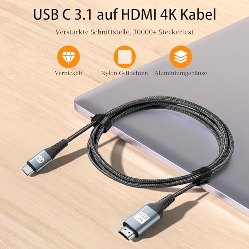 Cavo da USB C a HDMI 4K 3 M, Cavo USB Tipo-C a HDMI intrecciato [Compatibile con Thunderbolt 3/4] per MacBook Pro/Air, iPad Pro, iMac Mini/Pro,Pixelbook, Surface Pro, Dell XPS, Galaxy S23 S22 ecc