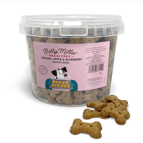 Betty Miller Grain Free Dog Treats - Banana Apple & Blueberry Bones - 1kg Bulk Dog Treats - British Baked Dog Biscuits