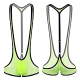 [Miutii] 男性用 透け感のあるメッシュ フィッシュネット Yバック レスリング用シングルトン ジャンプスーツ サスペンダー付きボディースーツ 隆起パウチ付きジョックストラップ ローングリーン Free Size