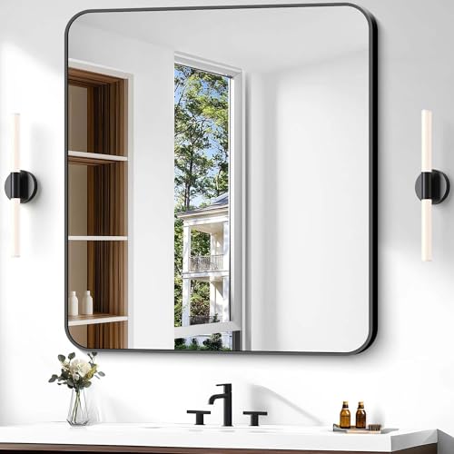 Image of Bathroom Mirror, 40 x 36 inch Black Rectangle Wall Mirror, Metal Frame Rectangular Vanity Mirror, Rounded Corner Wall Mounted Mirror for Modern Bedroom Living Room Hangs Horizontal /Vertical