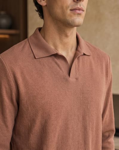Image of Nobero Popcorn Textured Full Sleeve Polo T-Shirt for Men | Regular Fit