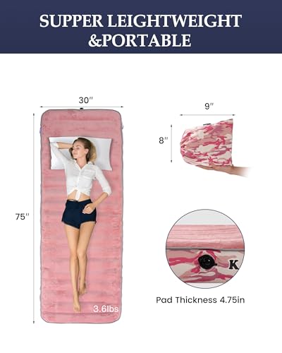 Image of Pink Inflatable Camping Air Mattress, Portable Sleeping Pad, Single | Soft Velvet Top,Lightweight ,Travel Mattress,Cot Mattress,Car Camping Essentials,Glamping,Pink Camping Gear,Machine Washable
