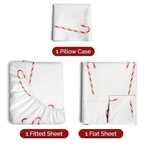 Twin Christmas Candy Canes Sheet Set - Holiday Xmas Pattern Bedding Set - Deep Pockets - Snug Fit - 3 Piece - Wrinkle Free - Cozy & Cooling Festive Winter - Holiday Sheets for Women, Men, Kids & Teens