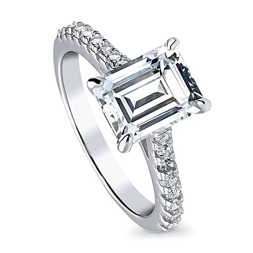 BERRICLE Sterling Silver Solitaire Engagement Promise Rings for Her, 2.6 Carat Emerald Cut Cubic Zirconia CZ Ring