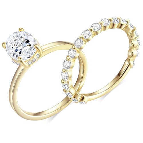 3CT Moissanite Wedding Ring Set for Women D Color VVS1 Bridal Set Wedding Bands S925 Sterling Silver with 9K Gold Plated Genuine Moissanite Engagement Promise Rings for Her Size 6.5