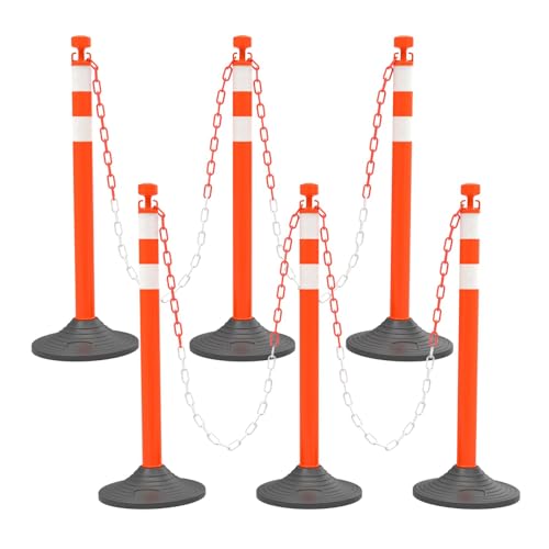 Image of 6 Pack Traffic Delineator Post Cones with Chain Stanchion, Red Crowd Control Safety Barrier Posts with Heavy Duty Base for Traffic Guidance, Events and Parking Control (Red)