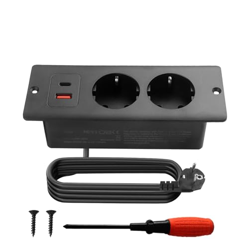 BouGPeng Enchufe de Mesa Empotrable con USB C PD20W Toma de Empotrar de Sobremesa Toma de Corriente Integradade 2 Vías Toma Múltiple con Cable de 1,5m para Muebles o Superficies de Trabajo-Negro