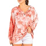 Ewingworld Women's Tie Dye Sweatshirts Long Sleeves Button V Neck Casual Pattern Tops Loose Pullover Shirs Orange L