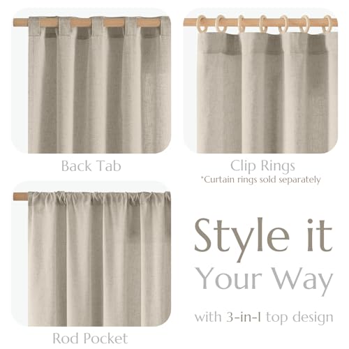 Image of jinchan Linen Curtains Light Filtering Back Tab 50x63 Inch 2 Panels