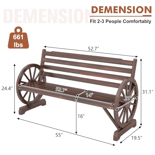 Image of Kinfant 55 inch Outdoor Wooden Wagon Bench with Wheel Armrest and Slatted Backrest for Backyard, Garden, Porch, Patio, Rustic Brown