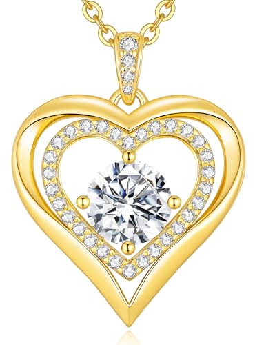 Moissanite Heart Pendant Necklaces for Women, 925 Sterling Silver Gold Plating Lab-Created Gem Necklace Engraved with 'I LOVE YOU', Ideal Anniversary Birthday Christmas Valentine Engagements Mothers Day Jewelry Gifts for Mom Wife Girlfriend Daughter Her