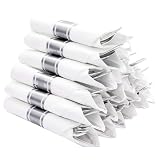 N9R 50 Pack Pre Rolled Silver Plastic Cutlery Set, 50 Forks, 50 Knives, 50 Spoons, 50 Napkins, Disposable Cutlery Set for Party and Wedding