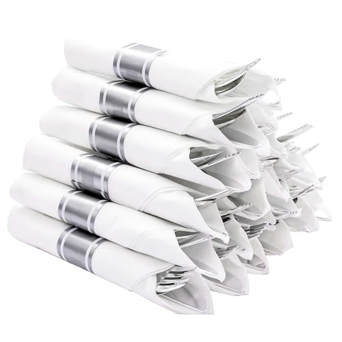N9R pre-rolled silver plastic cutlery set (50 forks, 50 knives, 50 spoons, 50 napkins)
