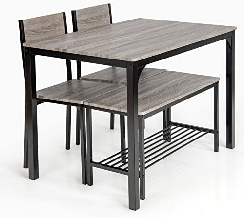 GiantexUK 5PCS Wooden Dining Room Set, Rectangular Table with a Bench and 2 Chairs, Space Saving Kitchen Furniture Set for Living Room, Dining Room and Bar (Grey)