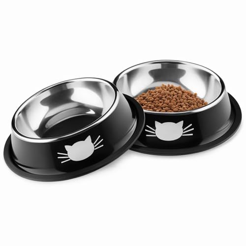 Edelstahl Katzennäpfe Set, Futternapf & Wasser Schüssel (2 Schwarz)