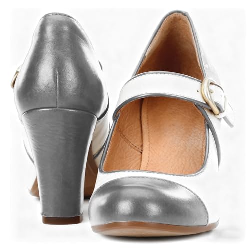 Image of SHODENSE Women Vintage Chunky High Heel Mary Jane Shoes Round Closed Toe Ankle Strap Dress Sandals 3 inch Block Heels Mary Jane Lolita Pumps Two-Toned Patchwork Buckle Office Lady Wedding Retro 4-11 M US