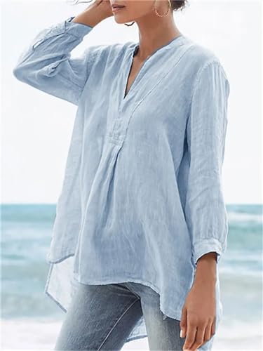Women Solid Color Beach Shirts Spring Summer Casual Long Sleeve Blouses V Neck Tunic Tops4
