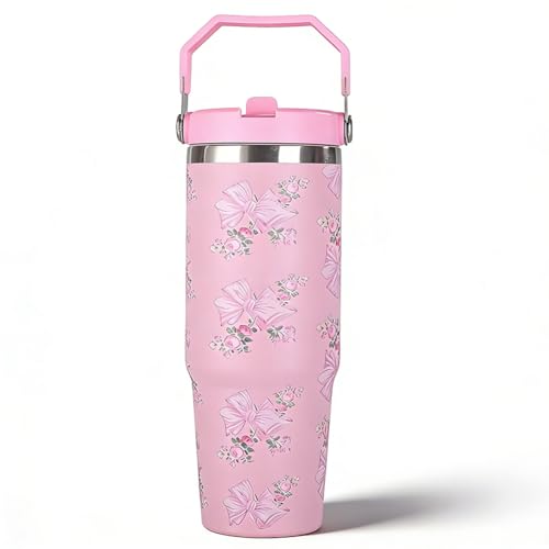 Pink Bow Tumbler, Stainless Steel Water Bottle 30oz, Insulated Travel Mug with Handle, Bow Design Cup for Car Cup Holder, Leak Proof Vacuum Insulated Drinkware for Adults on the Go