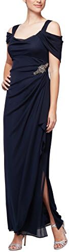 Alex Evenings Women's Long Cold Shoulder Dress (Petite and Regular Sizes), Beaded Navy, 18