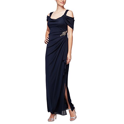Alex Evenings Women's Long Cold Shoulder Dress (Petite and Regular Sizes), Beaded Navy, 12