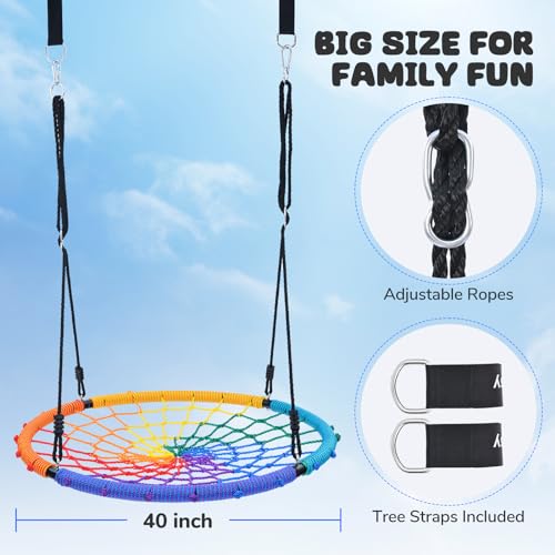 Image of Trekassy 750lbs 40 inch Spider Web Saucer Tree Swing for Kids Adults, Outdoor Net Swing with Steel Frame and 2 Hanging Straps-Rainbow (Patented)