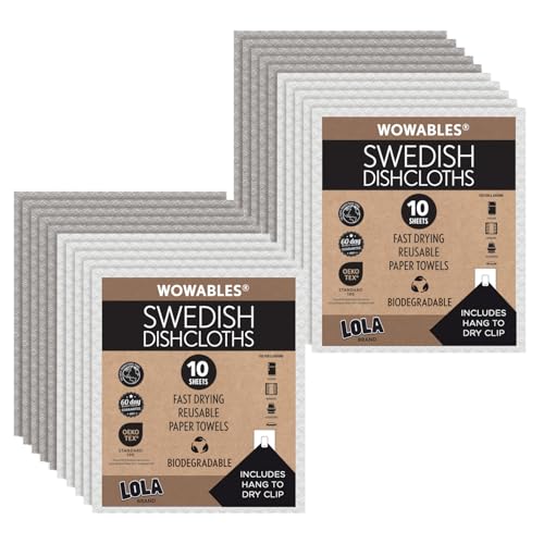 LOLA Swedish Dishcloths for Kitchen 20 Sheets, Biodegradable & Compostable Reusable Paper Towel Cleaning Cloths No Odor Washing Dishes Ultra Absorbent Cellulose Sponge Towel Made in Germany