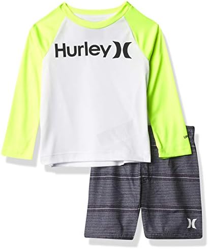 Hurley boys Swim Suit 2-piece Outfit Set Board Shorts, Black/Yellow, 18 Months US