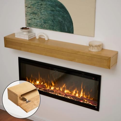 Image of Touchstone 60 inch Floating Fireplace Mantel with Hidden Storage - Wall Mounted Solid Pine Wood Mantel Shelf with Drop-Down Door - Rustic Farmhouse Design - Natural Pine Finish