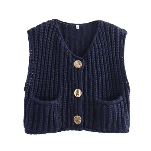 Image of UAURORAO Women Chunky Sweater Vest Button Down Crochet Cable Knit Cardigan Sleeveless Open Front Knitted Crop Waistcoat
