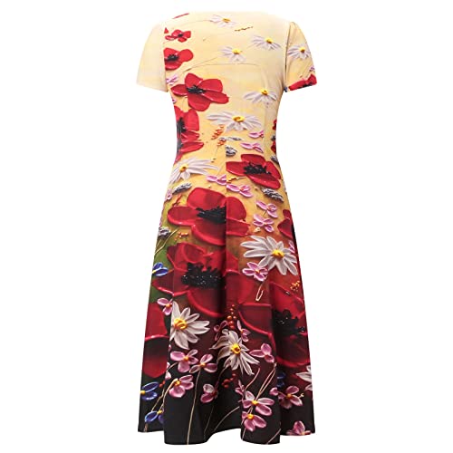 Luciava Vestido de verão para mulheres manga curta gola redonda casual estampa elegante maxi vestido
